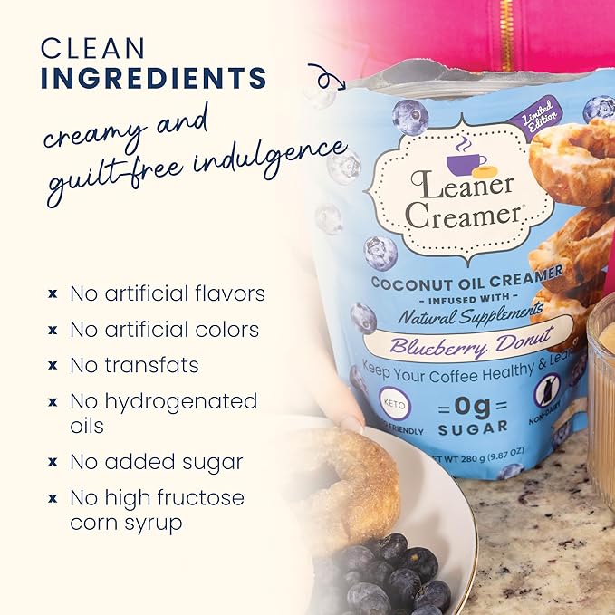 Leaner Creamer Coconut Creamer with Superfood Ingredients – Non-Dairy, Sugar-Free, Keto, Gluten-Free Powdered Coffee Creamer – Blueberry Donut – 280g