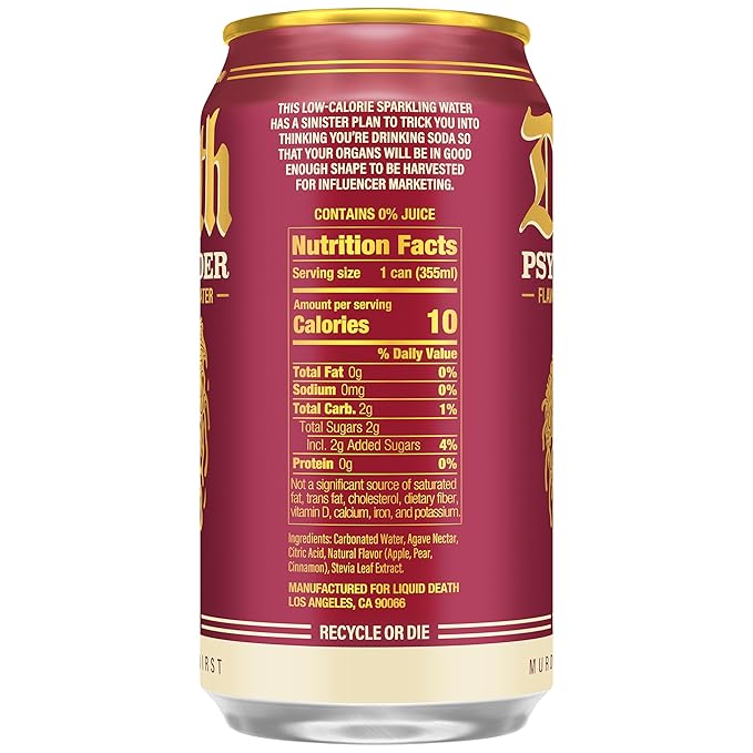 Liquid Death, Psycho Cider, Apple Cider-Flavored Sparkling Water, 12-Pack (12oz Cans), Low Sugar, Huge Flavor & No Artificial Sweeteners