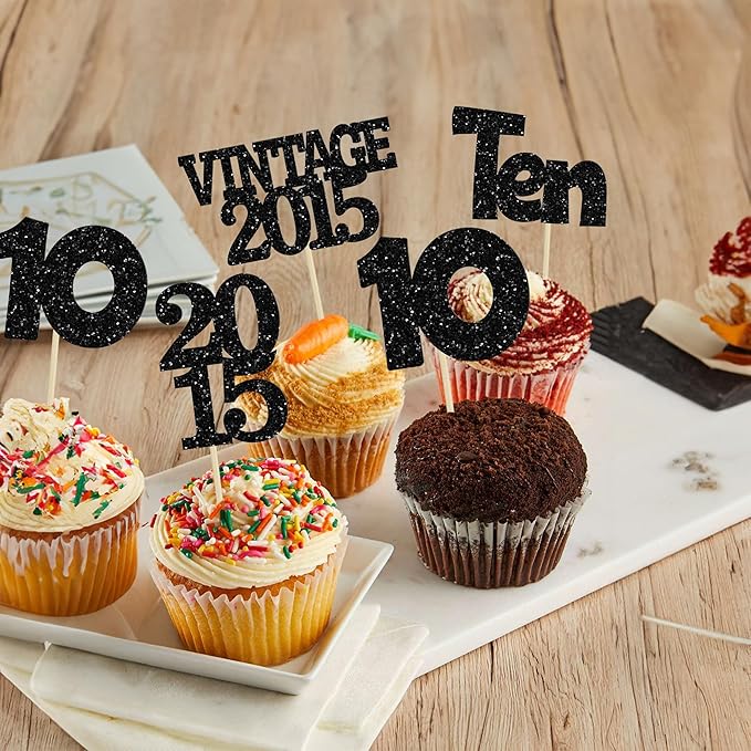 Gyufise 24Pcs 10th Birthday Cupcake Toppers Glitter Ten Vintage 2015 Double Digits 10 Cupcake Picks Hello 10 Years Birthday Cake Decorations for Happy 10th Anniversary Party Supplies Black