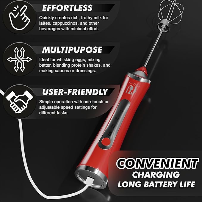 Rechargeable Handheld Milk Frother - Electric Foam Maker - Portable Coffee Frother Wand with 2 Heads - Stainless Steel Electric Whisk for Coffee, Latte, Cappuccino, Macchiato, Hot Chocolate (Red)