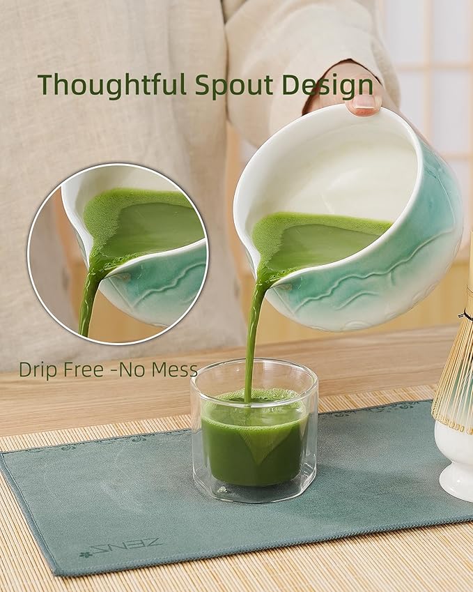 ZENS Matcha Whisk Set, Ceramic Matcha Set Includes Matcha Bowl, Matcha Whisk and Holder, Bamboo Scoop, Stainless Sifter & Tea Towel - 6Pcs Matcha Kit for Matcha Ceremony, Blue
