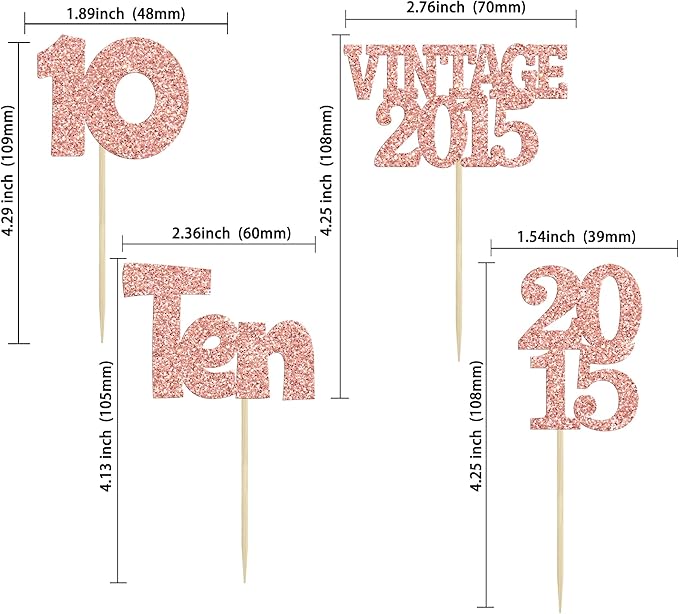Gyufise 24Pcs 10th Birthday Cupcake Toppers Glitter Ten Vintage 2015 Hello 10 Years Birthday 10 Cupcake Picks Double Digits Cake Decoration for Happy 10th Anniversary Party Supplies Rose Gold