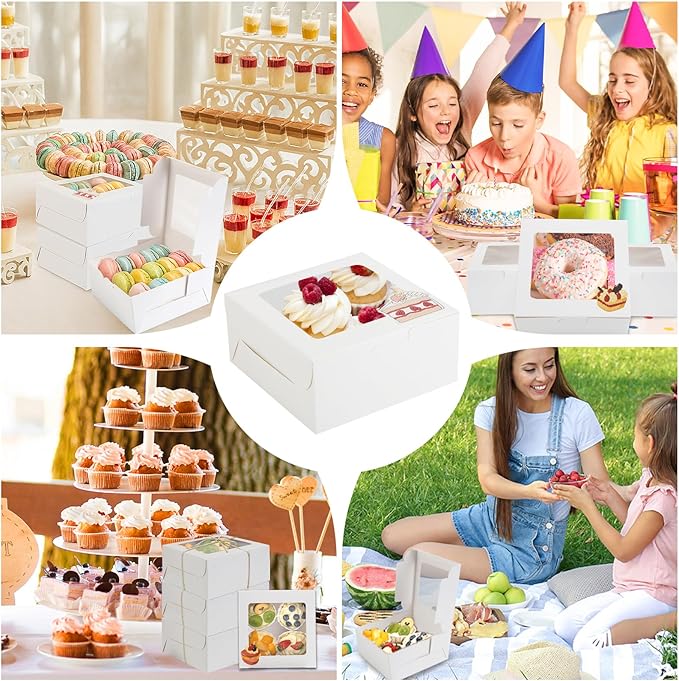 OAMCEG 80 Pack Cookie Boxes with Window 6x6x3 Inches White Cupcake Boxes, Bakery Treat Boxes with Stickers & Twine for Pastry, Desserts, Strawberries, Cupcakes, Gift Giving