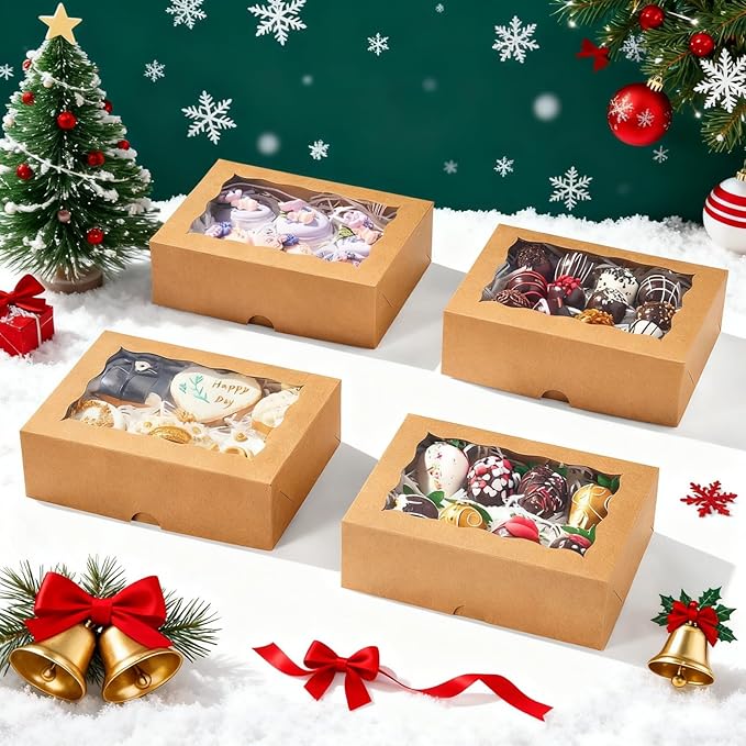 8x6x2.5 Inch 8PCS Baking Boxes with Window for Pastry,Treat,Macaron,Dount,Cookies,Chocolate Covered Strawberries,Brown Bakery Boxes Strawberry Boxes,Muffins