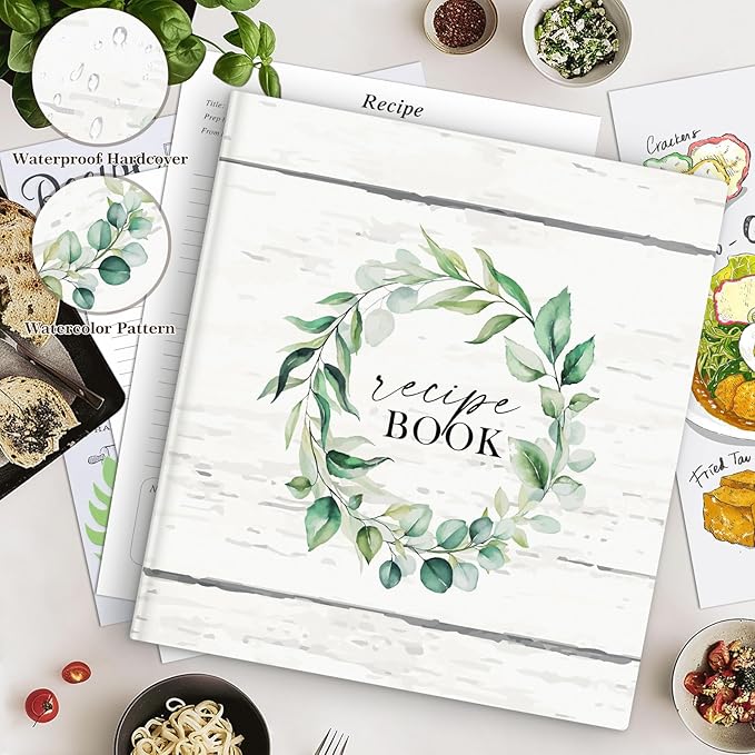 Lanpn Recipe Binder 8.5x11 3 Ring Kit, Waterproof Organizer Binder Recipe Book with 60 Plastic Sleeves,116 Recipes, Dividers,Labels & Stickers, Blank Cookbook to Write in Your Own Recipes, Leaf
