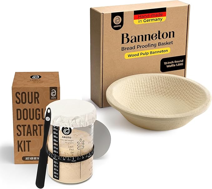 Sourdough Proofing Basket and Starter Jar Kit – 3.3 LB Round Wood Pulp Banneton with Waffle Pattern (Made in Germany) and 34 oz Sourdough Starter Jar, Thermometer Strips & Spatula – Bread Proofing Set