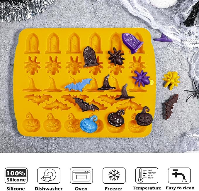 Halloween Chocolate Mold Silicone,30 Cavity Candy Gummy Mold with Pumpkin Wizard Hat Bat Spider Tombstone for Baking Chocolate Jelly Gummy Dessert