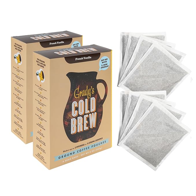 GRADY’S COLD BREW, French Vanilla, 100% Arabica Ground Coffee & Chicory Pouches, TWO Bundles of 4 Easy-to-Brew Bean Bags, Makes 24 drinks