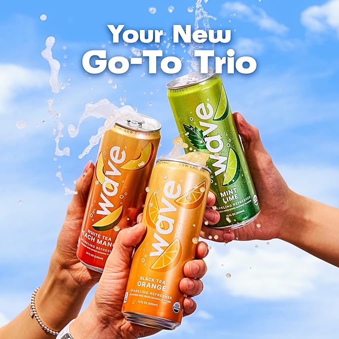 WAVE Sparkling Refreshers | Sparkling Juice | Organic Hydration | Low Calorie Drink | Lightly Carbonated Soda Alternative | No Added Sugar or Artificial Ingredients | White Tea Peach Mango | 12 Pk.