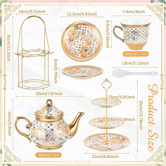 Maxcheck 21 Pcs Tea Party Set for Adults European Floral Tea Set with Metal Holder and 3 Tier Ceramic Cake Stand Porcelain Flower Cup Teapot for Dessert Cupcake(Stylish Style)