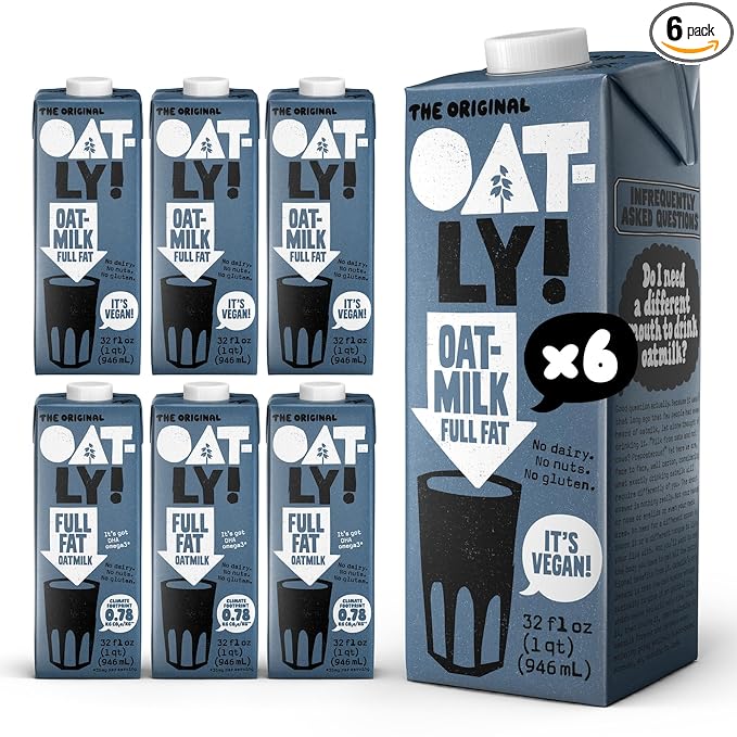 Oatly Full Fat Oatmilk – Creamy, Plant-Based Whole Milk Alternative | Dairy-Free, Vegan, Shelf-Stable, Non-GMO & Glyphosate Residue-Free | Only 1g Saturated Fat (32 oz, 6-Pack)