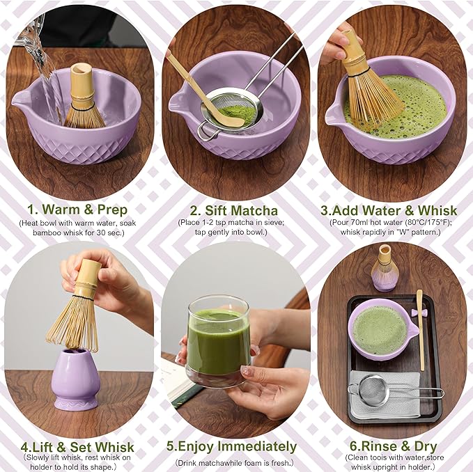 Matcha Whisk Set, 7 Pcs Matcha Kit, Ceramic Matcha Set Includes Matcha Bowl with Spout, Matcha Whisk and Holder, Bamboo Scoop, Scoop Rest, Sifter and Tea Towel (Royal Purple)