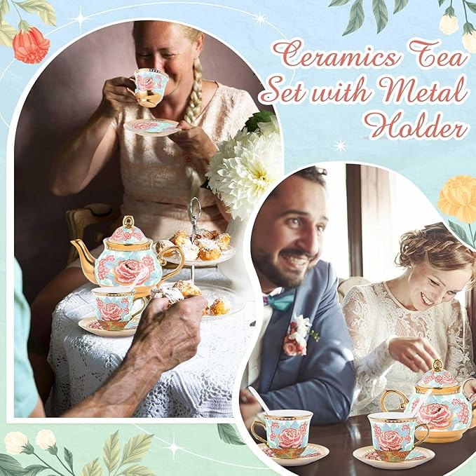Zhehao 20 Pcs Porcelain Tea Set with Metal Holder and Spoon Adult Ceramic Tea Party Set European Flower Painting Teapot Cup Saucer Spoon Set for Women, Large Version(Vintage Style)