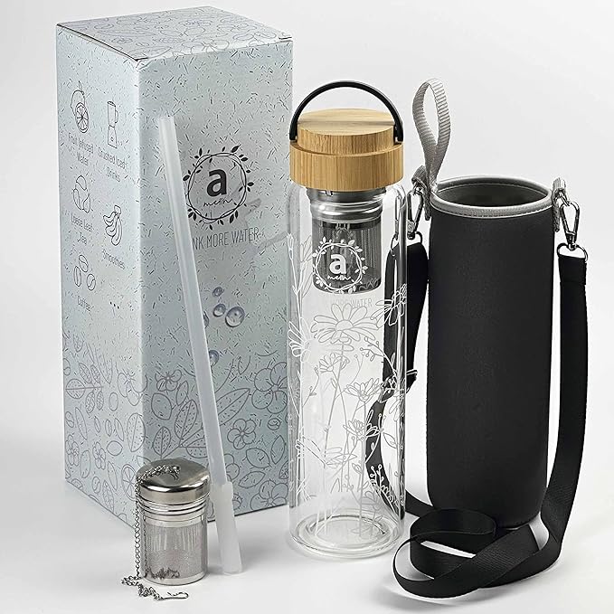 32oz Borosilicate Glass Water Bottle with Bamboo Lid and 2 Tea Infuser Sets for Fruit Infused Water and Cold Brew Coffee - Tea Strainer for Loose Leaf Tea (Flower)