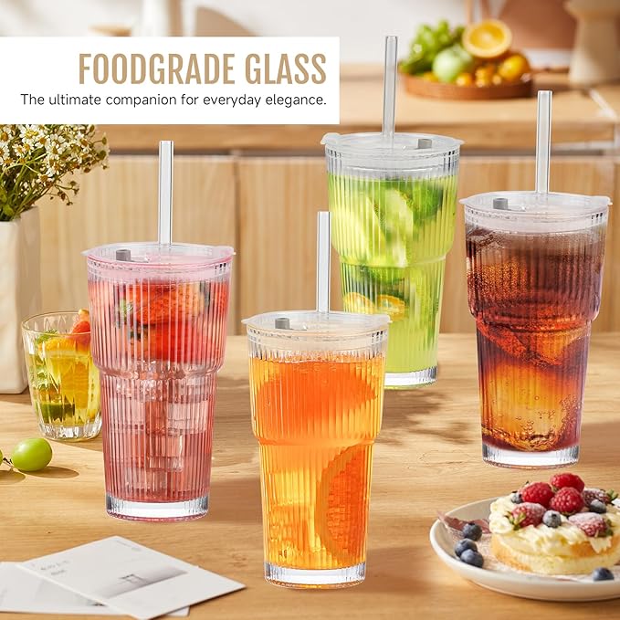 20oz Glass Cups with Lids and Straws, 4 Pack Vintage Ribbed Glass Tumblers for Iced Coffee, Smoothies, Thickened Wall Mason Jar Drinking Iced Coffee Cup
