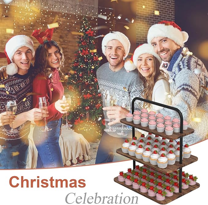 Cupcake Stand, 3-Tier Dessert Stand for 68 Cupcakes, Wood & Metal Tower Display Premium Holder Dessert Tree Tower for Wedding Graduation Birthday Christmas Party, Serving Tray