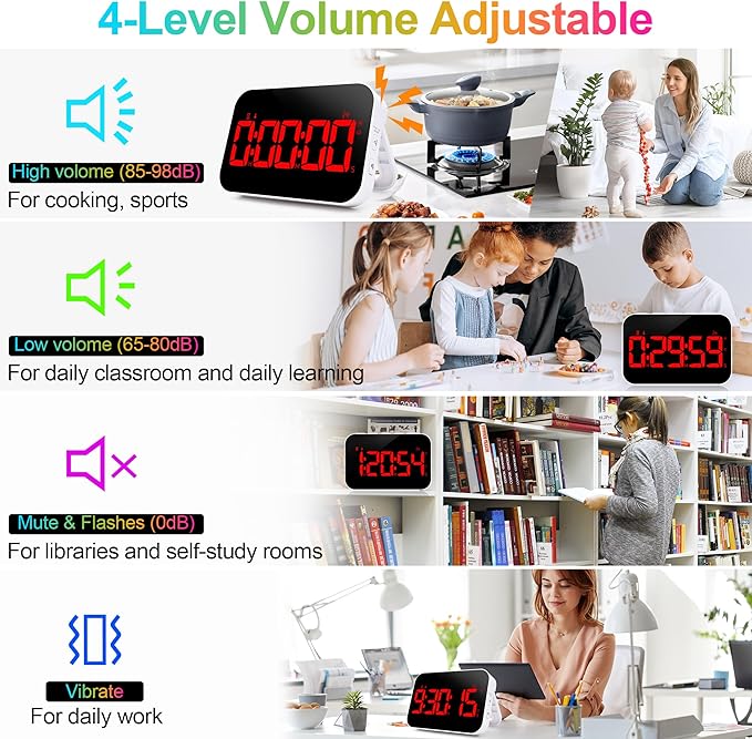 Digital Kitchen Timer - Magnetic Countdown Countup Timer with Large LED Display Volume Adjustable with Sound Alert Function Easy for Cooking and for Seniors and Kids to Use-Red
