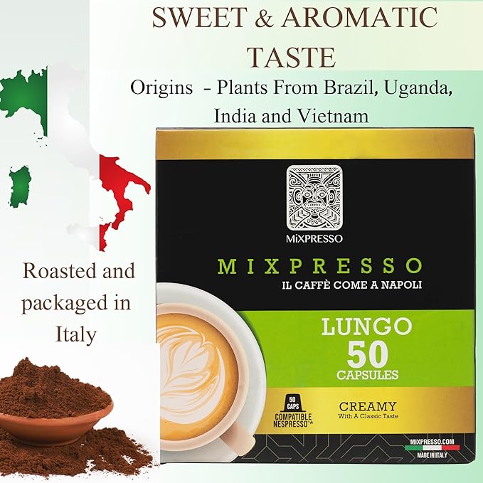 Mixpresso Lungo Coffee Espresso Capsules Compatible With Nespresso Original Brewers, Single Cup Coffee Pods 100% from Italy, Dark Roast 80% Arabica Espresso, 50 Count Coffee Capsule Intensity 10/12