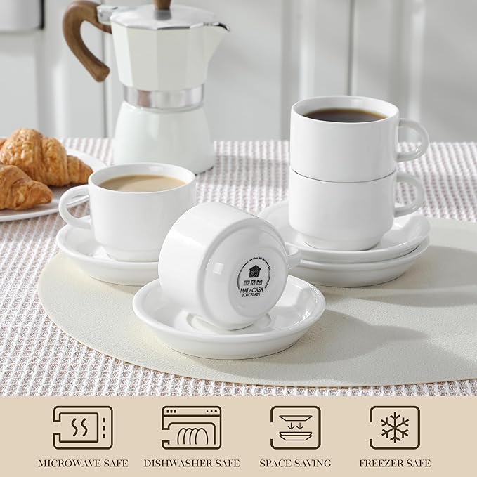 MALACASA 4 OZ Porcelain Espresso Cups with Saucers and Metal Stand Set of 4, Stackable Cappuccino Cups, White Expresso Shots Cup Set for Coffee Drinks, Latte, Tea