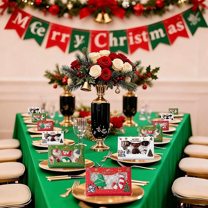 24 Pack 7x4.3x1.5Inch Christmas Bakery Boxes with 3 Patterns Clear Window Perfect for Packaging Macaron Cake Pop Chocolate Truffle Cookie Donut Pie Boxes for Treats & Holiday Party Favors