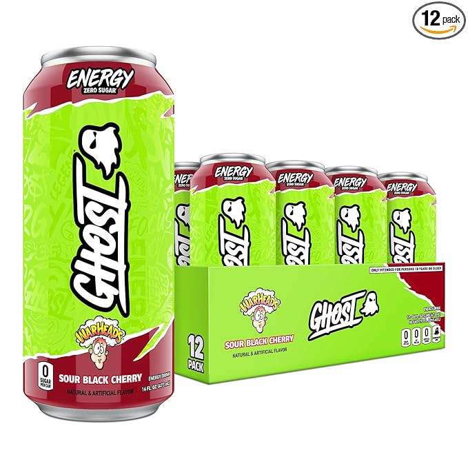 GHOST Energy Drink - 12-Pack, Warheads Sour Black Cherry, 16oz - Energy & Focus & No Artificial Colors - 200mg of Natural Caffeine, L-Carnitine & Taurine - Gluten-Free & Vegan