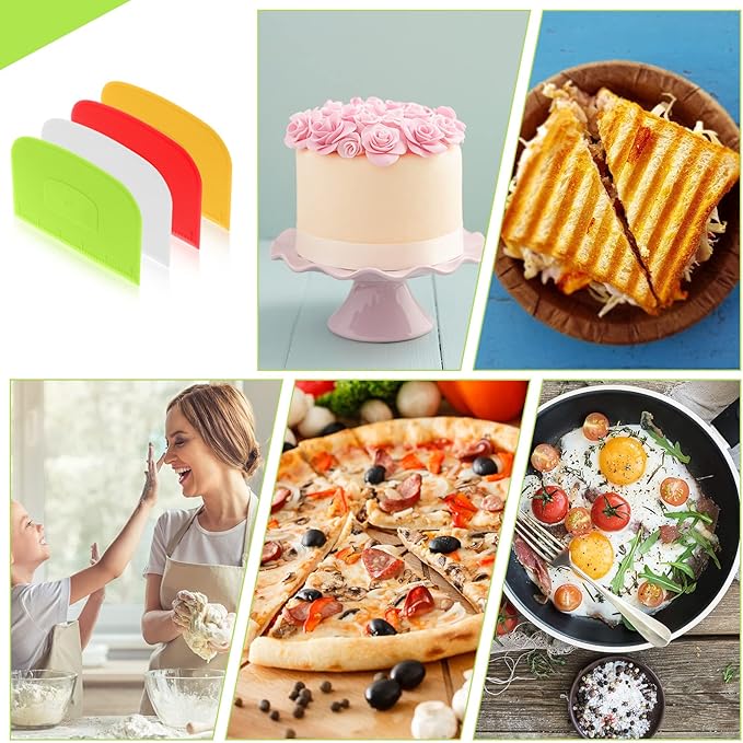 4 Piece Plastic Dough Scraper Bowl Scraper Flexible Multipurpose Food Scraper Plastic Dough Cutter for Bread Cake Dough Fondant Icing (White, Green, Yellow, Red)