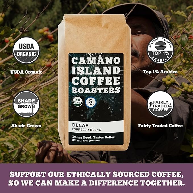 Camano Island Coffee Roasters Decaf Espresso Blend, Ground 12oz, Fresh Dark Roast Swiss Water Processed, USDA Organic, Fairly Traded, Shade Grown Top 1% Arabica, Sweet Molasses, Mixed Berry Flavor