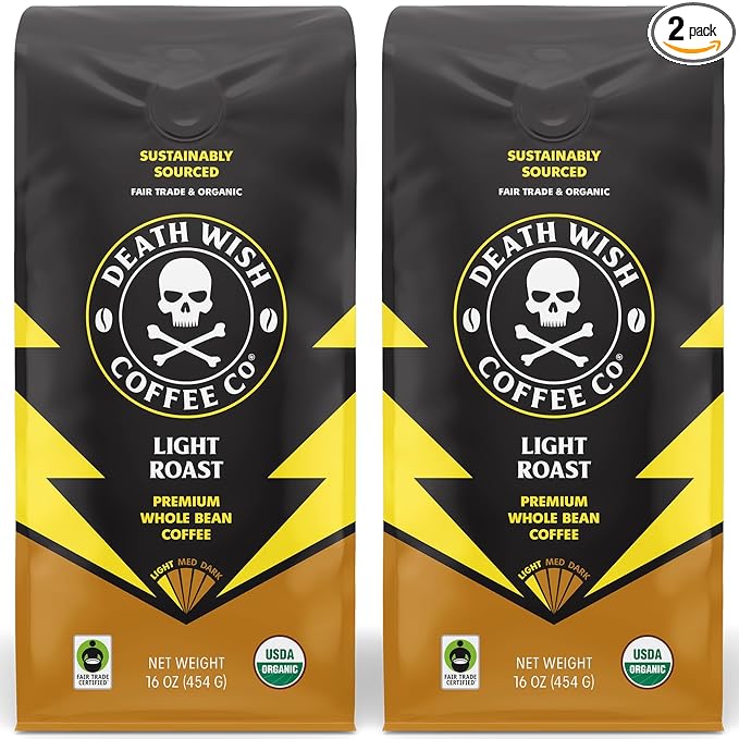 Death Wish Coffee - Light Roast Whole Bean Coffee, Organic and Fair Trade (2 pack)