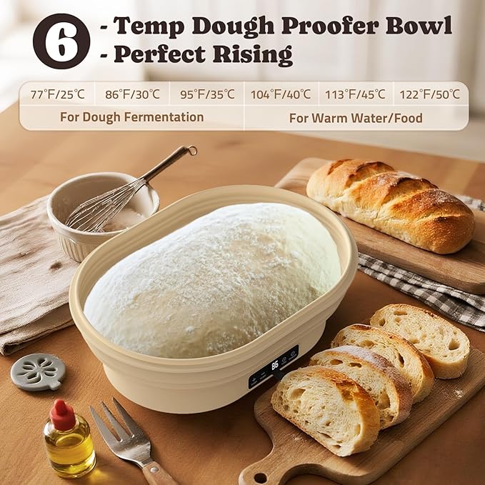 Heating Sourdough Bread Proofing Basket, 4L Electric Thermostatic Silicone Oval Banneton Proofing Bowl with 6 Timer & Temp Settings for Dough Rising, Dishwasher Safe, Foldable Sourdough Starter Bowl