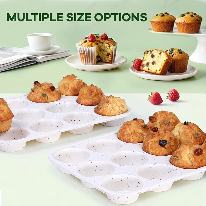 Muffin Pan - 12 Cups Silicone Muffin Pan Non-Stick Food Grade Silicone Cupcake Pan for Muffins,Tart, BPA Free - Standard Cup Size - Diameter 2.8" Depth 1.2" - Set of 2 Cream With Rainbow Dots
