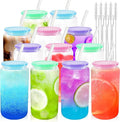 Joyclub 12pcs Glass Cups with Acrylic Lids and Straws 16 oz Can Shaped Glass Iced Coffee Cups with Lids and Straws, Cute Tumbler Cup Drinking Glasses for Smoothie Whiskey Boba Soda Tea Gift