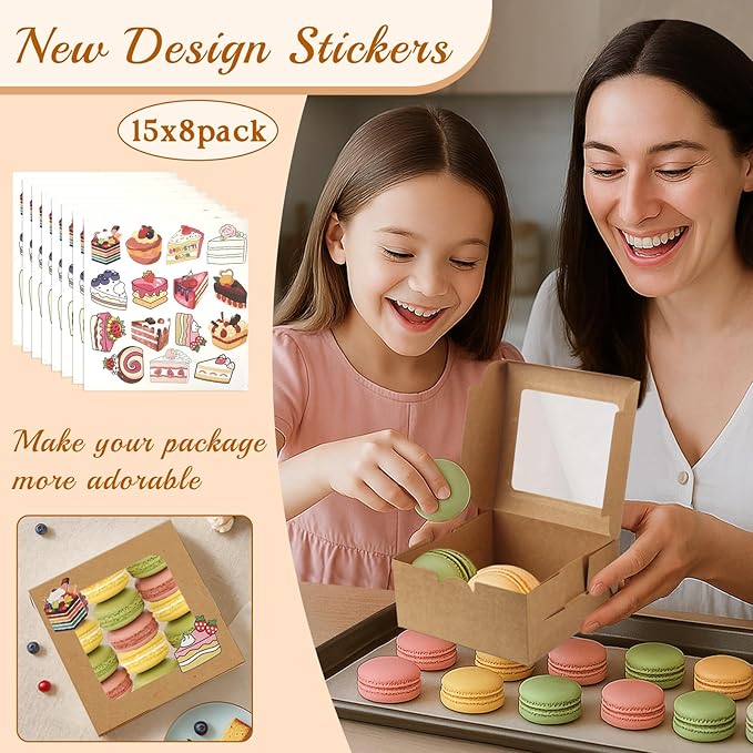 OAMCEG 80 Pack Cookie Boxes with Window, 6x6x3 Inches Brown Bakery Treat Boxes with Stickers & Twine for Pastry, Desserts, Strawberries, Cupcakes, Gift Giving