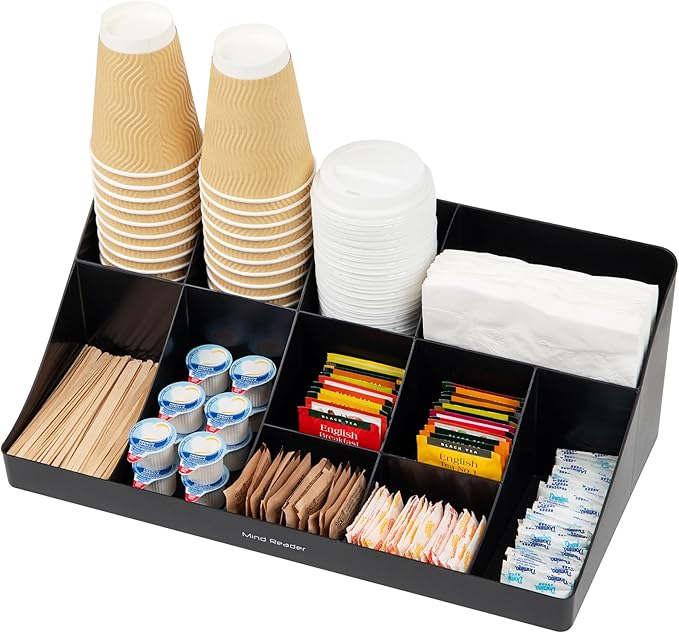 Mind Reader Cup and Condiment Station, Countertop Organizer, Coffee Bar, Kitchen, Stirrers, 17.875"L x 9.5"W x 6.625"H, Black