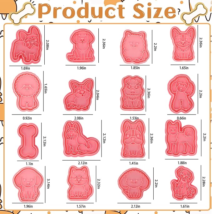16 Pcs Dog Cookie Cutters with Plunger Stamps Set 3D Puppy Bone Shape Biscuit Cutter Funny Cartoon Cookie Stamps Stamped Embossed Dog Cookie Cutters for Treats DIY Cookie Cake Baking Supplies