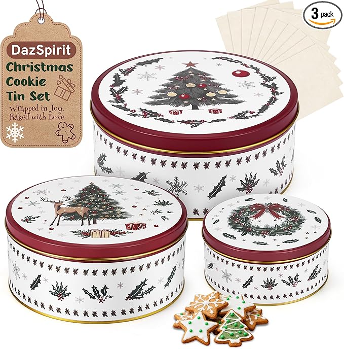 3 Pack Christmas Cookie Tins with 10 Baking Papers, Reusable Nesting Round Metal Cookie Containers with Airtight Lids for Treat Storage & Holiday Gift Giving (Large, Medium, Small)