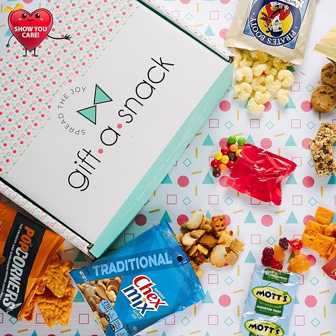 Gift A Snack - Thanksgiving, Holiday, Christmas Stocking Stuffer Snack Box Care Package Variety Pack + Greeting Card (200 Count) Birthday Sweet Treats Gift Basket, Candies Chips Crackers Bars