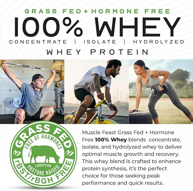 Muscle Feast 100% Grass Fed Whey Protein Powder, All Natural Hormone Free Paure Raised Whey Protein Powder for Women & Men- Whey Concentrate, Isolate & Hydrolyzed Protein Powder Blend- Unflavored, 2lb
