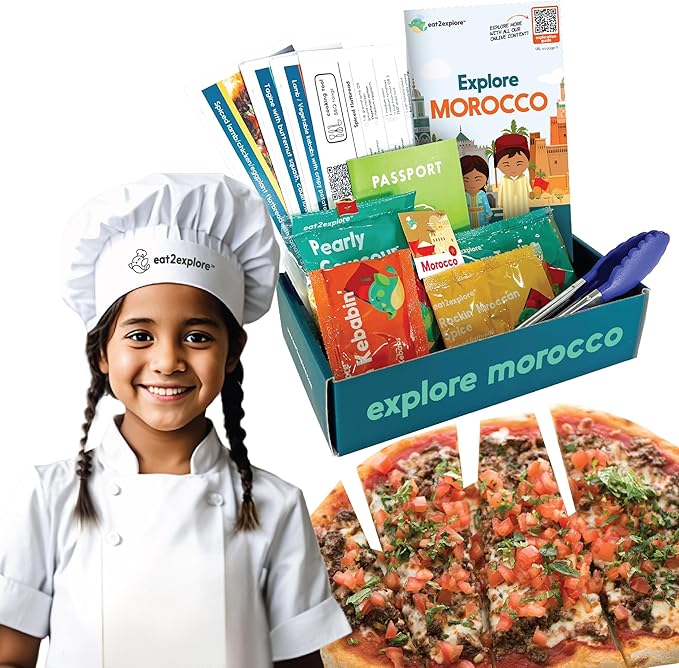 eat2explore Cooking Kits for Kids – Interactive & Educational Kids Cooking Sets Real for Ages 5 and Up,3 Recipe Cards & Global Ingredients – Fun Gift for Young Chefs (Morocco Edition)