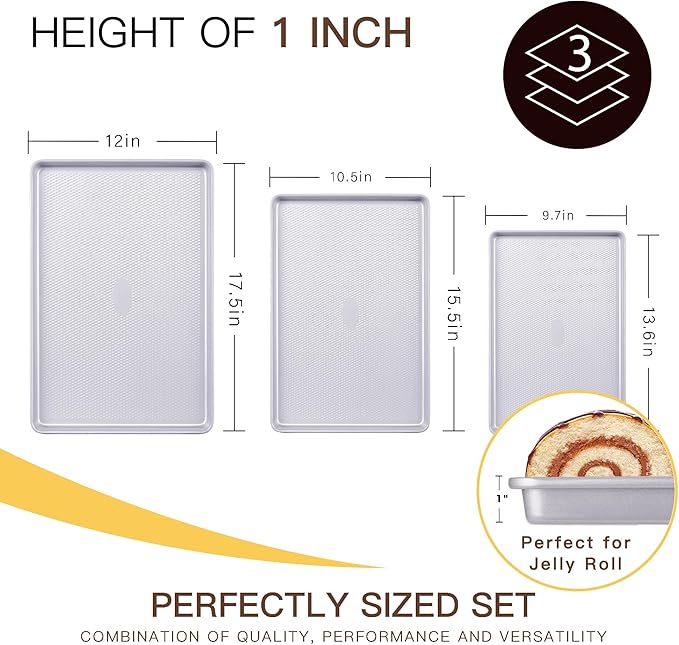 HONGBAKE 3 Pack Nonstick Ceramic Baking Sheet Pan Set for Oven, Non-Toxic Half/Quarter/Jelly Roll Pans with Diamond Texture, Heavy Duty 0.8mm Aluminized Steel Cookie Trays for Cooking, Light Grey