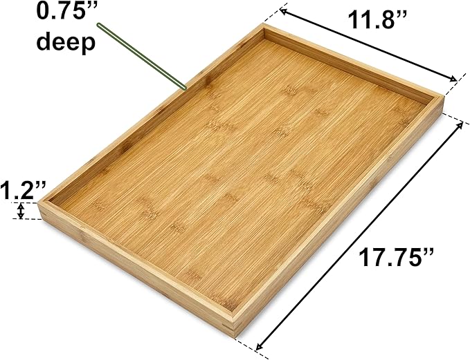 Bam & Boo - Natural Bamboo Serving Tray Modern Rectangular - for Food, Drinks, Decor, Vanity in Home, Kitchen, Bathroom, Coffee Table, Bed(Extended, 17.75” x 11.8" x 1.2")