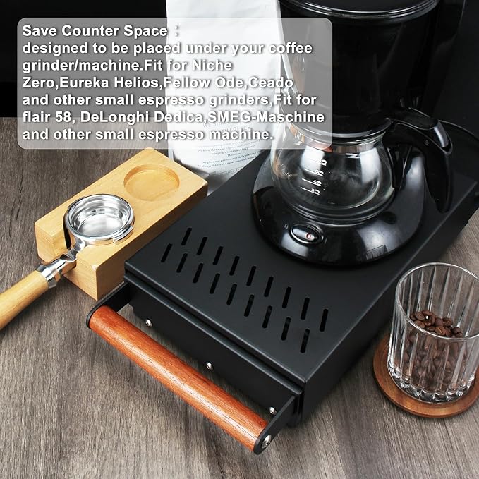 Espresso Knock Box Drawer,Stainless Steel Detachable Coffee Pucks Knock Container, Shock-Absorbent Durable Barista Style Knock Box, Removable Knock Bar,Wood handle and Non-Slip Base (Black)