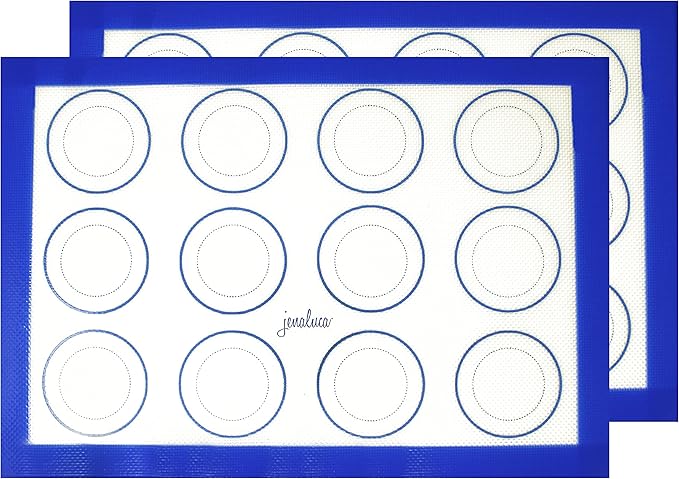 Jenaluca Silicone Baking Mats 2 Pack - Non-Stick Mats with Cookie Measurements Reusable Food Grade Silicone for Cookies, Pastries & Meal Preparation - Non Slip - 16.5 x 11.6