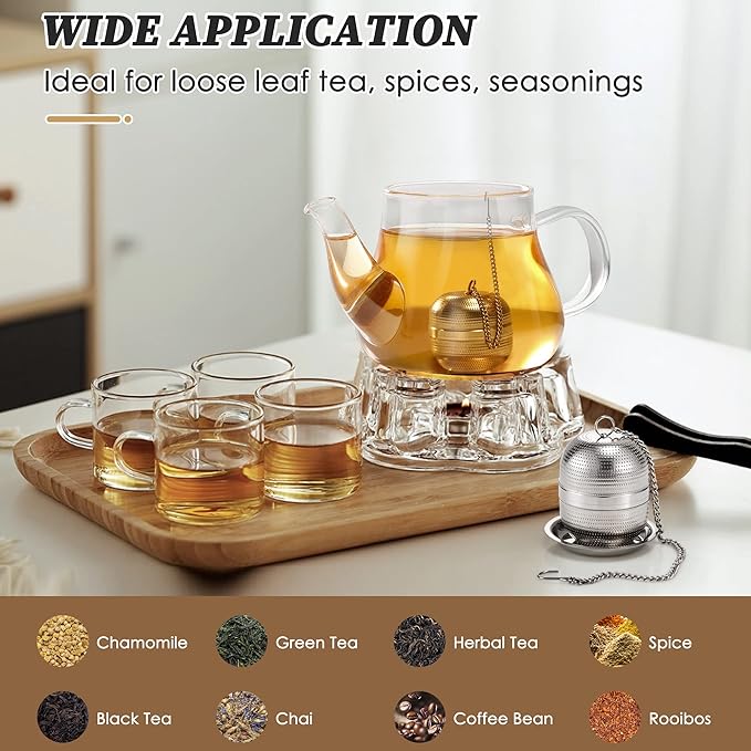 2 Pack Tea Infusers for Loose Tea, Extra Fine Mesh 18/8 Stainless Steel Tea Strainers, Loose Leaf Tea Steeper Tea Ball Tea Diffuser Tea Holder with Extended Chain Hook and Drip Tray
