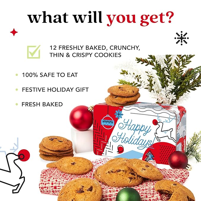 David's Cookies Winter Wonderland Thin and Crispy Cookies Tin – Gourmet Crunchy Cookies in Festive Sweet Sampler – Holiday Dessert Gift for Friends Family, Christmas Treats and Seasonal Celebrations