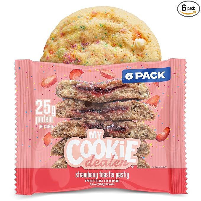 My Cookie Dealer Protein Cookies, Strawberry Toaster (6-Pack, 3.8oz Each) - 25g of Protein per Cookie - Individually Wrapped Workout Snacks for On-The-Go Travel