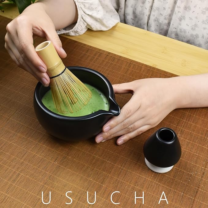 Artcome 4 Pcs Complete Matcha Ceremony Kit - Bowl With Pouring Spout, Whisk, Holder, Scoop - Japanese Tea Set for Making Usucha, Koicha and Latte (Black)