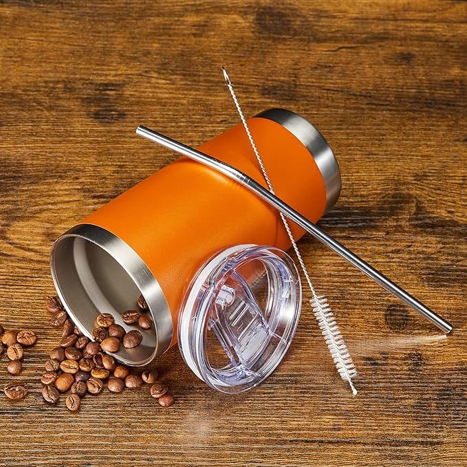 COMOOO 20oz Tumbler Bulk Double Wall Vacuum Insulated Travel Mug, Stainless Steel Tumbler with Lid and Straw Durable Powder Coated Insulated Coffee Cup for Cold & Hot Drinks (Orange, 2 pack