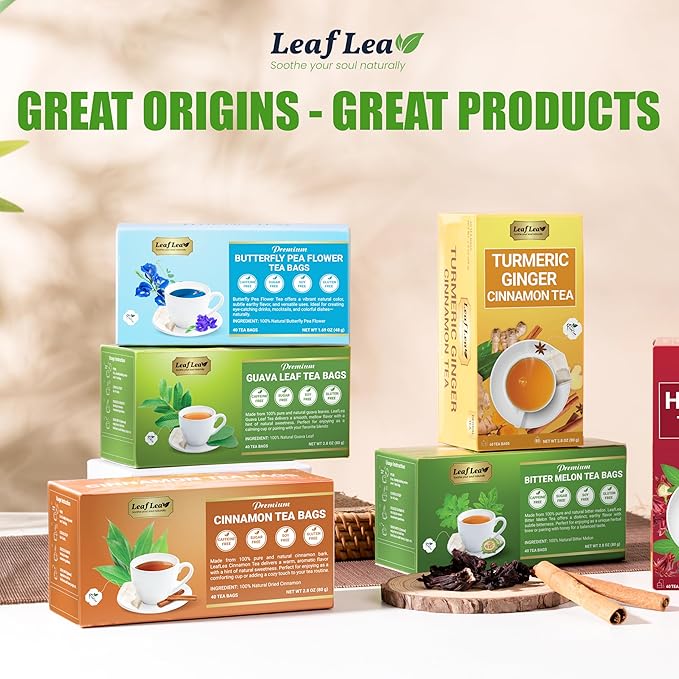 LeafLea Turmeric Ginger Cinnamon Tea, 120 Individually Wrapped Tea Bags, 100% Natural Herbal Blend with Pure Ginger and Turmeric, Supports Digestion & Immune Health, Caffeine-Free, No Sugar