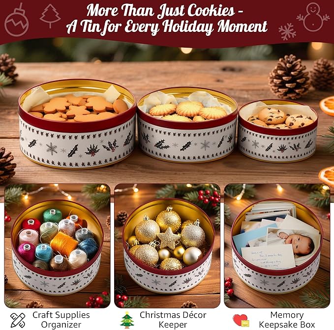 3 Pack Christmas Cookie Tins with 10 Baking Papers, Reusable Nesting Round Metal Cookie Containers with Airtight Lids for Treat Storage & Holiday Gift Giving (Large, Medium, Small)
