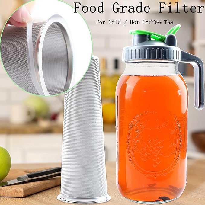 64 Oz Mason Jar Cold Brew Coffee Tea Maker With Food Grade Filter Infuser 2 Quart Glass Pitcher With Lid Half Gallon Iced Hot Tea Pitchers Leak-Proof Jug For Coffee Sun Tea Juice Lemonade Cold Brew
